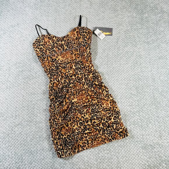 Vintage Y2K Deadstock Leopard Print Ruched Bodycon Mini Cocktail Dress L Ruby - Picture 1 of 5